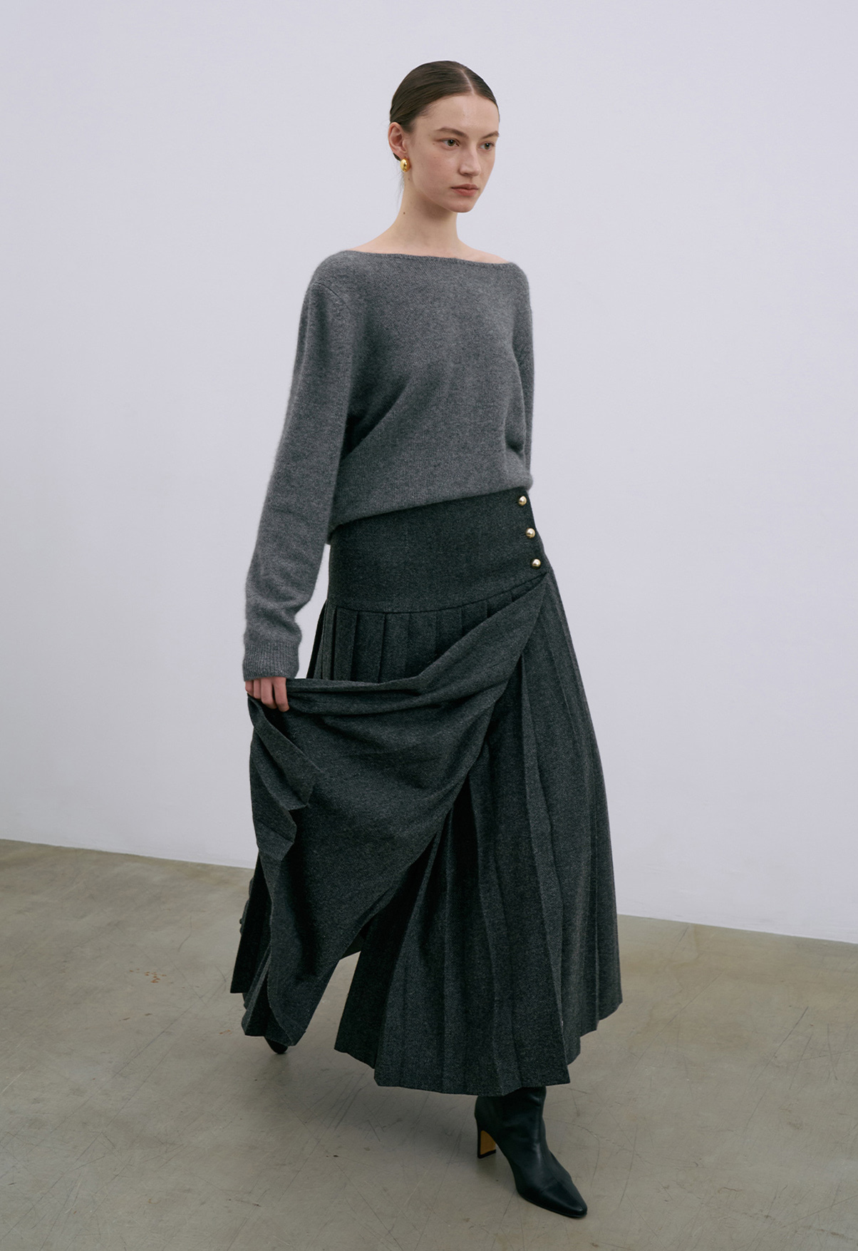 Button Wrinkle Pleated Skirt